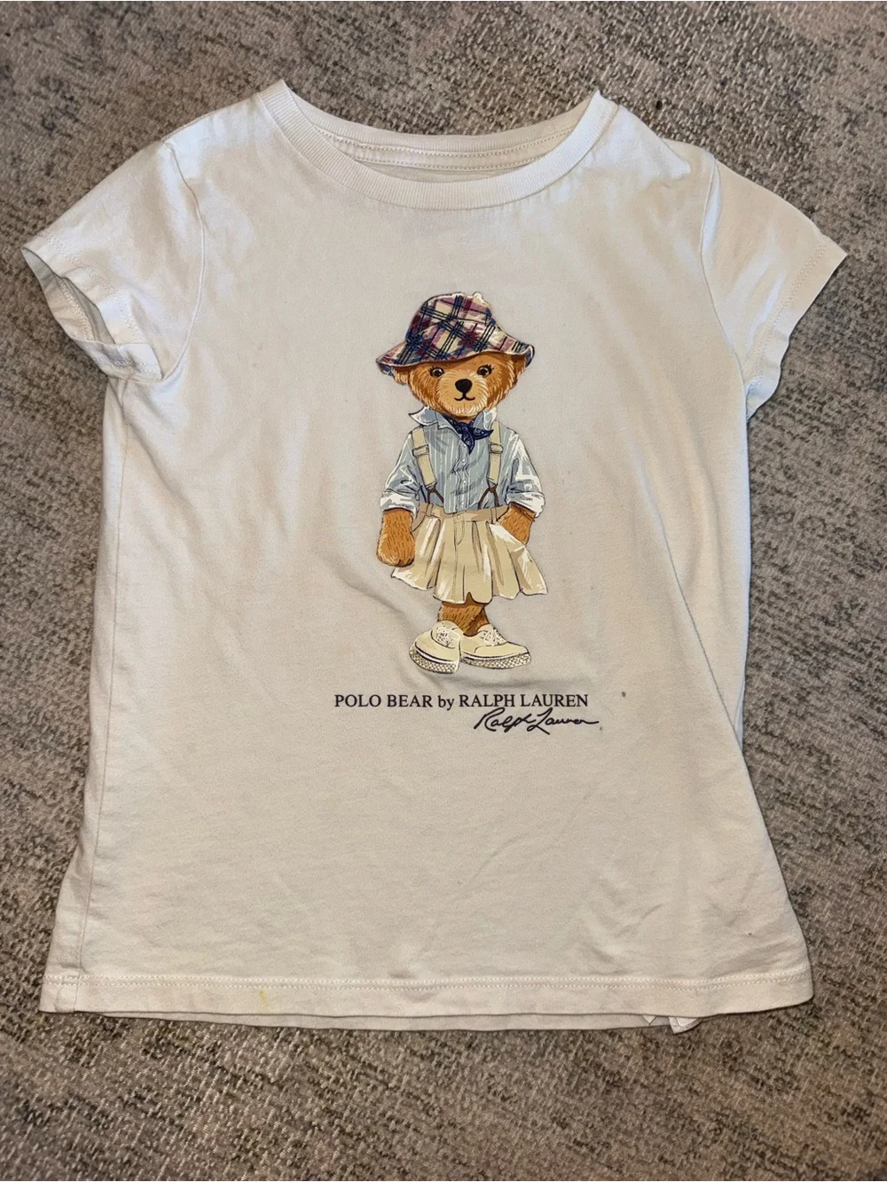 Ralph Lauren White Kids Polo Bear‎ Short Sleeve Tee with Blue & Beige Accents
